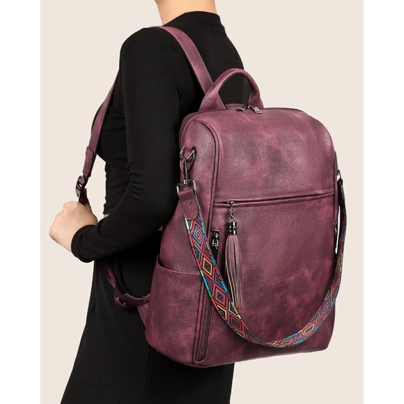 Women's Wine Red Retro Style Backpack Designer 15.6 inch PU Leather Laptop Bag - Picture 7 of 9